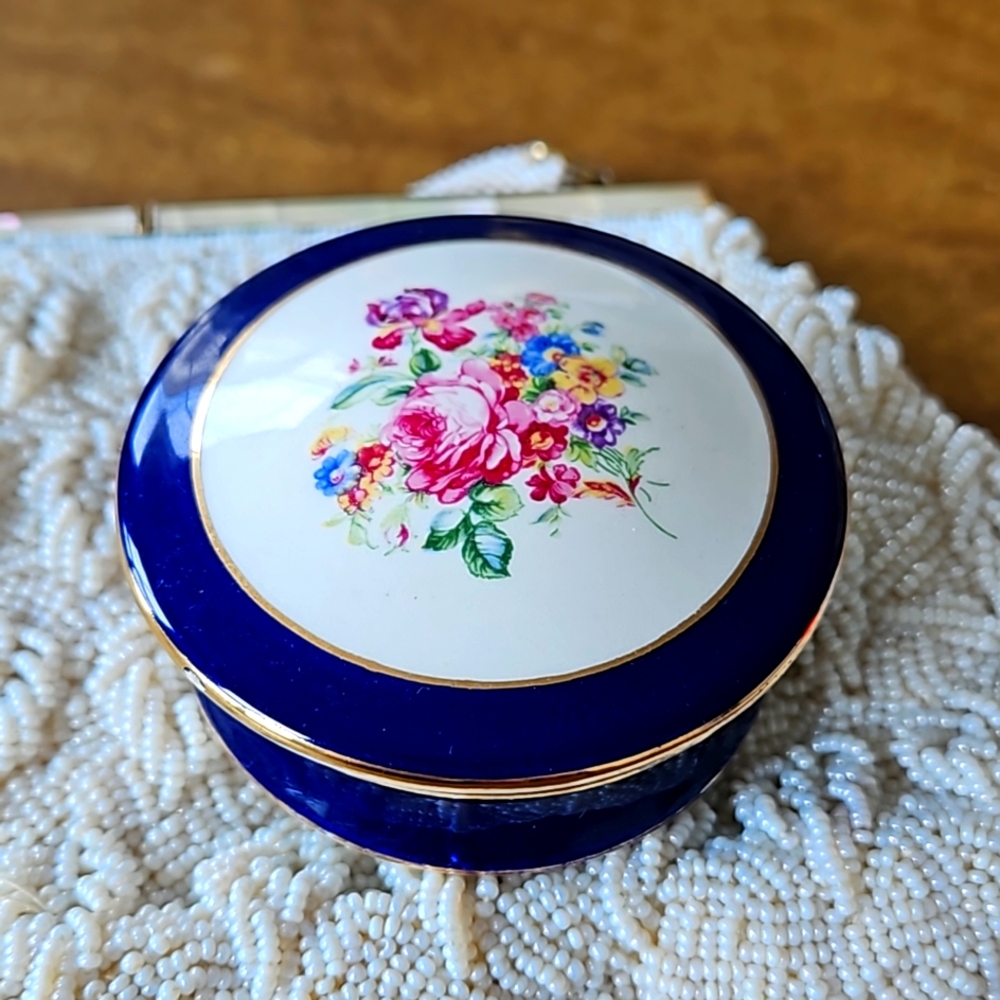 Vintage Italian porcelain Cobalt blue floral round trinket box